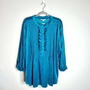 Woman Within Teal Blue Velour Velvet Ruffle Popover Flowy Blouse Witchy Sz 2X